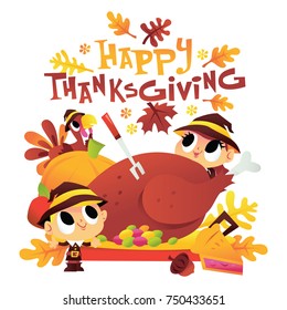 A cartoon vector illustration of cute kids dressed as pilgrims surrounding a turkey dinner with happy thanksgiving phrase.