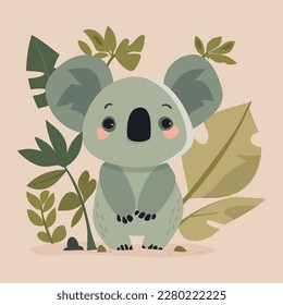 A cartoon vector illustration of a cute koala and some leaves on the background.