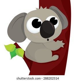 A cartoon vector illustration of a cute koala bear on a tree.