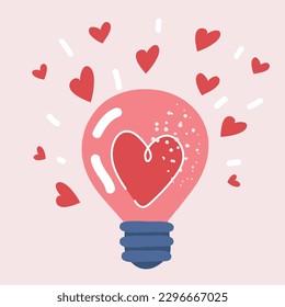 Cartoon vector illustration of cute light bulb with a heart inside. Light bulb that lights love for valentine's day,