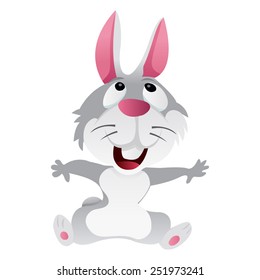 A cartoon vector illustration of a cute light grey rabbit sitting happily and looking up.