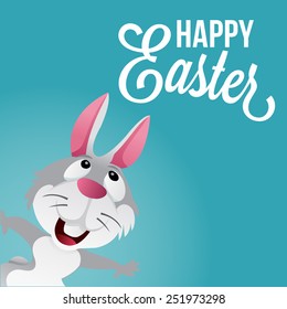 A cartoon vector illustration of a cute light grey rabbit looking up at happy easter phrase. The text, rabbit and blue background are on separate layers.