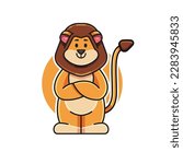 cartoon vector illustration of a cute lion character standing with crossed arms, lion mascot logo