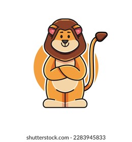 cartoon vector illustration of a cute lion character standing with crossed arms, lion mascot logo