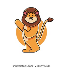 cartoon vector illustration of a cute lion character walking and saying hello, lion mascot logo