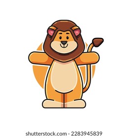 cartoon vector illustration of a cute lion character wanting to be hugged, lion mascot logo