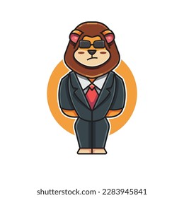 cartoon vector illustration of a cute lion character in costume wearing a suit, lion mascot logo
