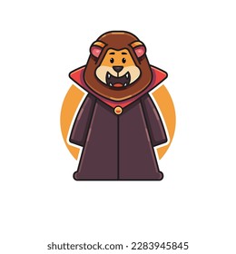 cartoon vector illustration of a cute lion character in a vampire costume, lion mascot logo