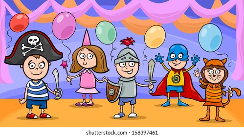 Cartoon Vector Illustration of Cute Little Children in Costumes on Fancy Ball