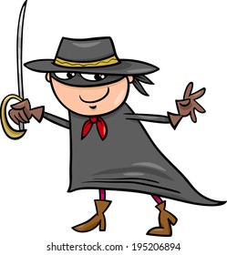 Cartoon Vector Illustration of Cute Little Boy in Zorro or Fantasy Character Costume for Fancy Ball
