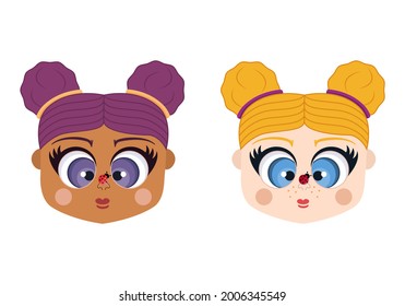 Cartoon vector illustration of a cute little girl who is looking at her nose where a ladybug is sitting. A head of a child who stares her eyes at a red ladybird on her nose.