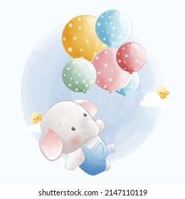 Cartoon vector illustration Cute little elephant flying with balloons