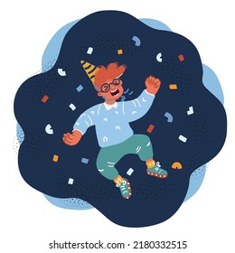 Cartoon vector illustration cute little kid boy jump happy celebrating pose expression over dark background