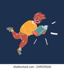 Dibujo vectorial de dibujos animados de un niño pequeño cutto leyendo un libro sobre el fondo oscuro