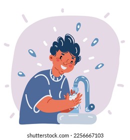 Cartoon vector illustration of Cute little kid boy wash him hands with soap for personal hygiene, disease prevention and healthcare. Cleaning hands from corona virus covid-19. Health care