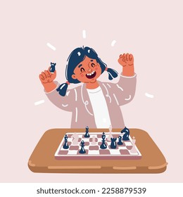 Cartoon vector illustration of Cute little girl playing chess