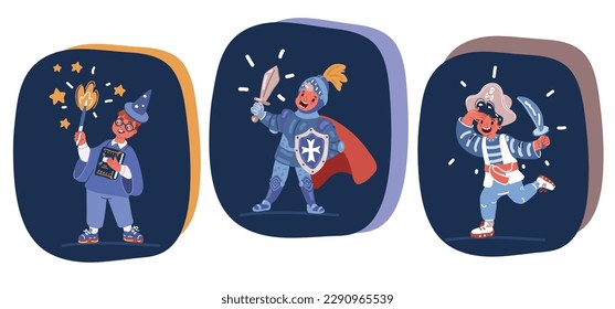 Cartoon vector illustration of cute little boy character in a mascarade costume. Wearing Animal Costumes Waving Hand and Having Fun Knight, pirate, wizard with magic wand. Children's party over dark