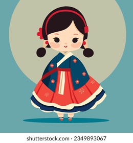 A cartoon vector illustration of a cute little girl in traditional korean dress