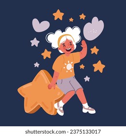 Cartoon vector illustration of Cute little girl holding yellow star over dark backround