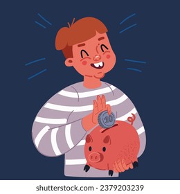 Cartoon vector illustration of Cute little boy putting coins into a piggy bank saving money over dark backround