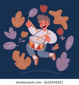 Cartoon vector illustration of cute little boy play drum in concert over dark backround