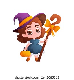 A cartoon vector illustration of a cute little witch girl in a purple hat with a pumpkin and a magic staff. Celebrating Halloween with style, she is ready for trickortreating.