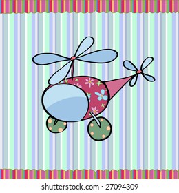 cartoon vector illustration of a cute little helicopter on the retro striped  background