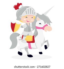 A cartoon vector illustration of a cute little boy in knight suit and armor jousting on a horse.