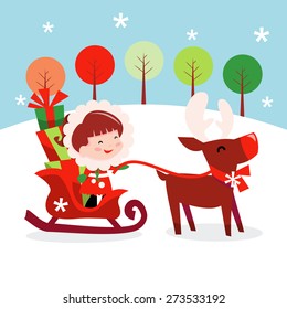 A cartoon vector illustration of a cute little girl riding a sleigh with gifts through a winter landscape.