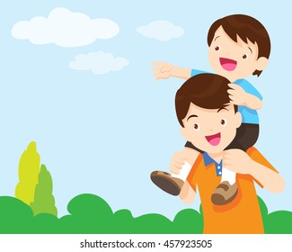 Cartoon vector illustration Cute little boy sitting on her father's shoulderlooking sky.