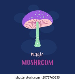 cartoon vector illustration with cute magic mushroom and lettering on dark background, happy halloween card, autumn concept, flat design