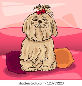 Cartoon Vector Illustration of Cute Maltese Dog with Bow on the Sofa with Pillows