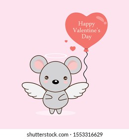 Cartoon vector illustration of cute mouse angel with heart balloons. 