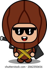 cartoon vector illustration of cute nutmeg spice mascot costume character soldier holding gun and bullet