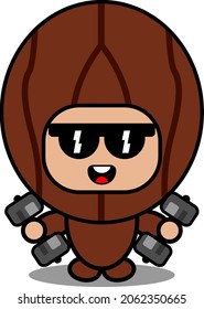 cartoon vector illustration of cute nutmeg spice mascot costume character lifting barbell