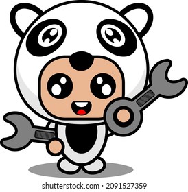 cartoon vector illustration of cute panda animal mascot costume character holding mechanical tool