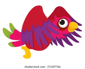 A cartoon vector illustration of a cute parrot flying and flapping its wings in the air. 