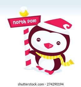 A cartoon vector illustration of a cute penguin with christmas hat and scarf in north pole. The text is hand drawn with path tool in illustrator.