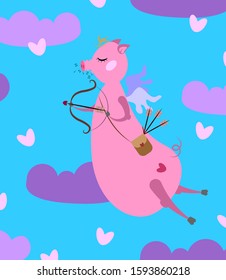 Cartoon vector illustration of cute pig cupid with bow and arrows. Vector illustration in a cartoon style of a Valentine's Day. 