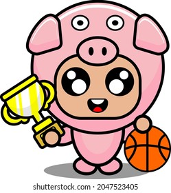 cartoon vector illustration of cute pig animal mascot costume character holding trophy and basketball