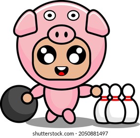 cartoon vector illustration of cute pig animal mascot costume character playing bowling