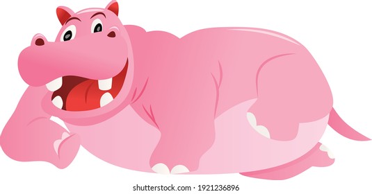 A cartoon vector illustration of a cute pink hippo lying down on its back.