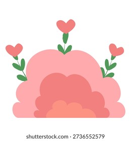 Cartoon vector illustration of a cute pink bush blooming with heart shapes symbolizing love, romance, affection and emotional growth. Clip art for Valentine’s Day