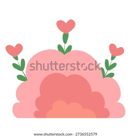 Cartoon vector illustration of a cute pink bush blooming with heart shapes symbolizing love, romance, affection and emotional growth. Clip art for Valentine’s Day