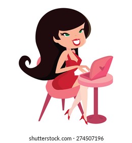 A cartoon vector illustration of a cute pinup girl sitting down with her laptop.