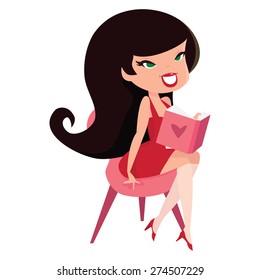 A cartoon vector illustration of a cute pinup girl sitting down reading a book.