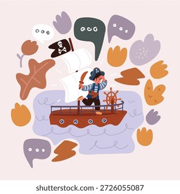 Cartoon vector illustration of Cute pirate preschool boy making angry face and slicing camera with his cutlass. High quality photo