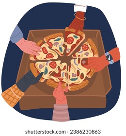 Cartoon vector illustration of Cute pizza slices in love holding hands over dark background
