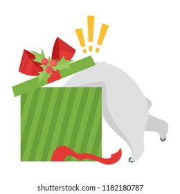 Cartoon vector illustration of cute polar bear trying to open surprise box to find out what in it, isolated on white background. Template for print.
