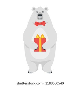 Cartoon vector illustration of cute polar bear with red bow tie holding present, isolated on white background. Template for print.
